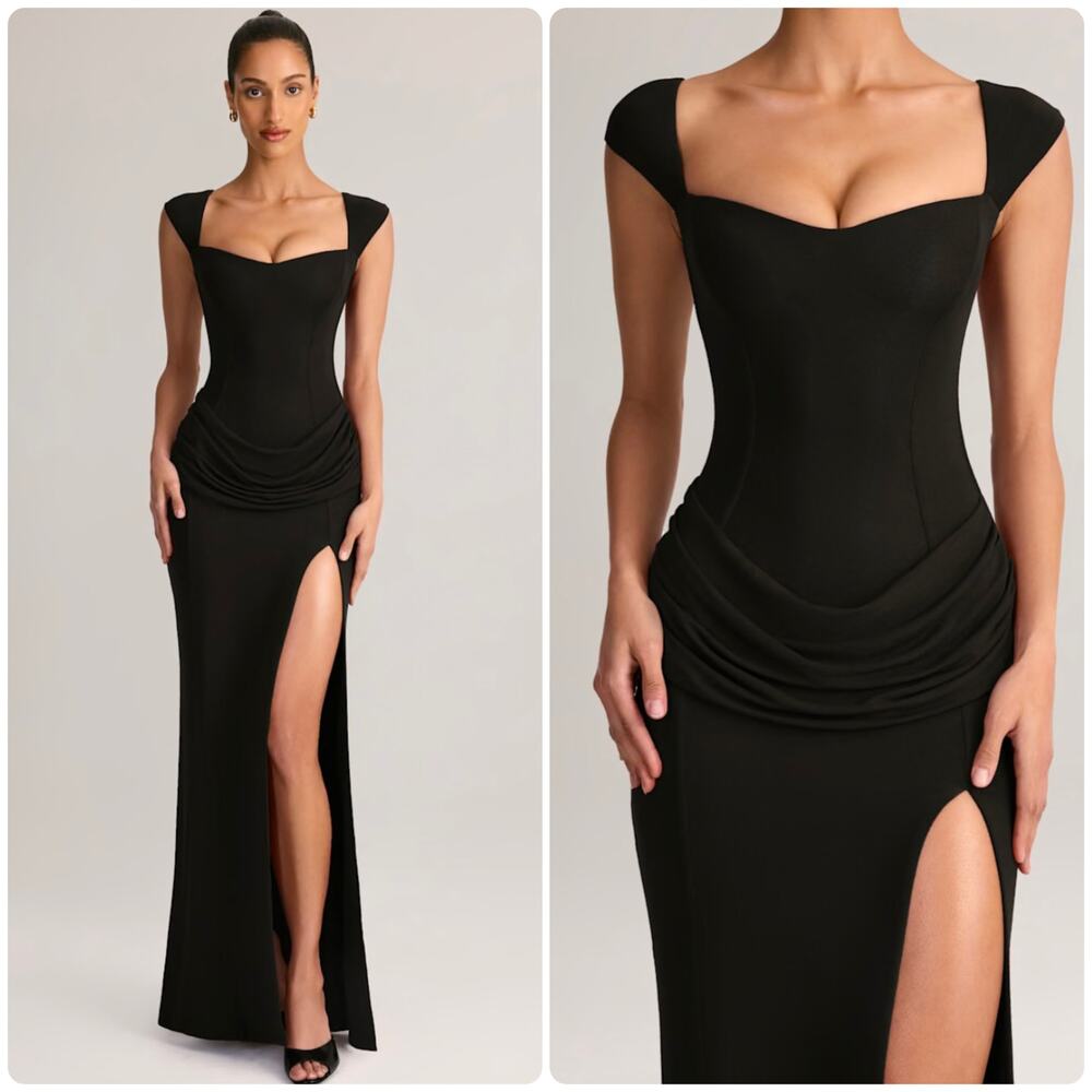 Oh Polly Elva Modal Sweetheart Neck Cowl Waist Maxi Dress in Black Size S New